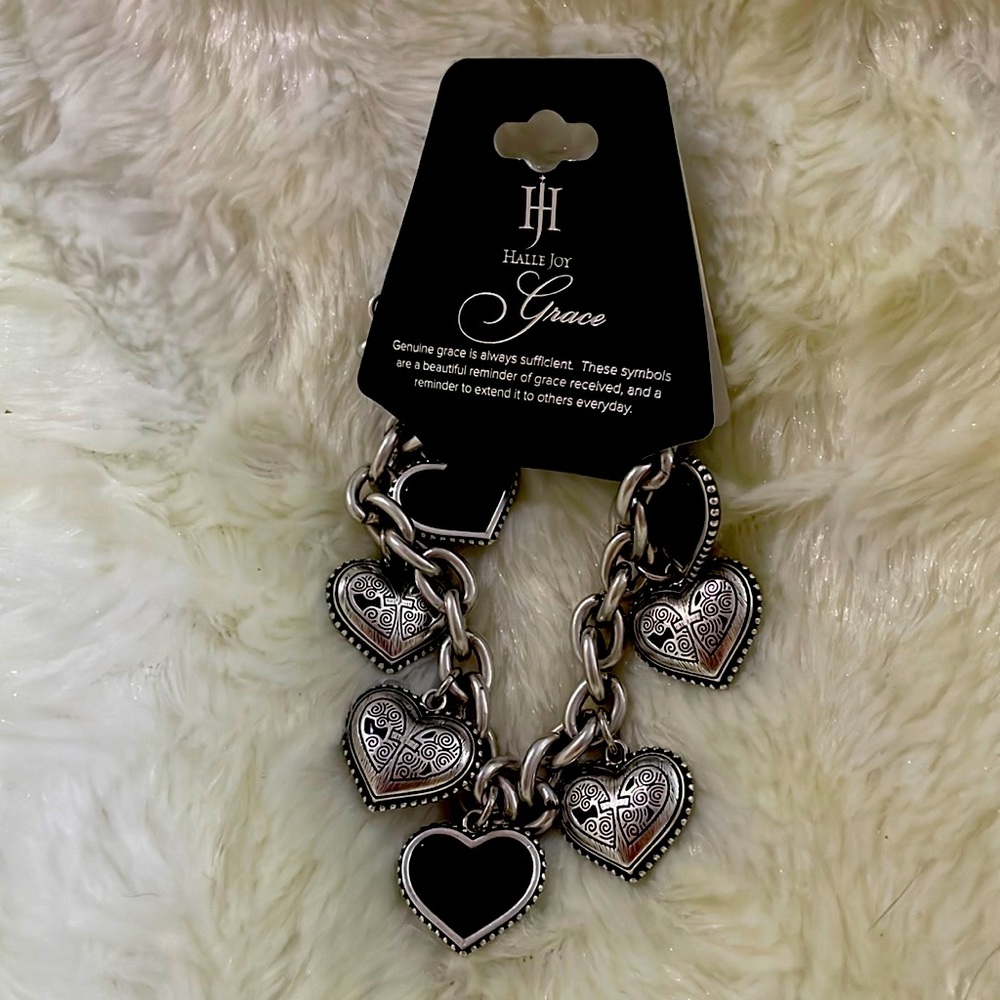 Black silver heart cross bracelet grace heart charm bracelet- New